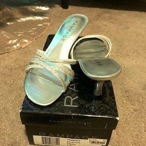 low heel dress sandal. Silver size 6